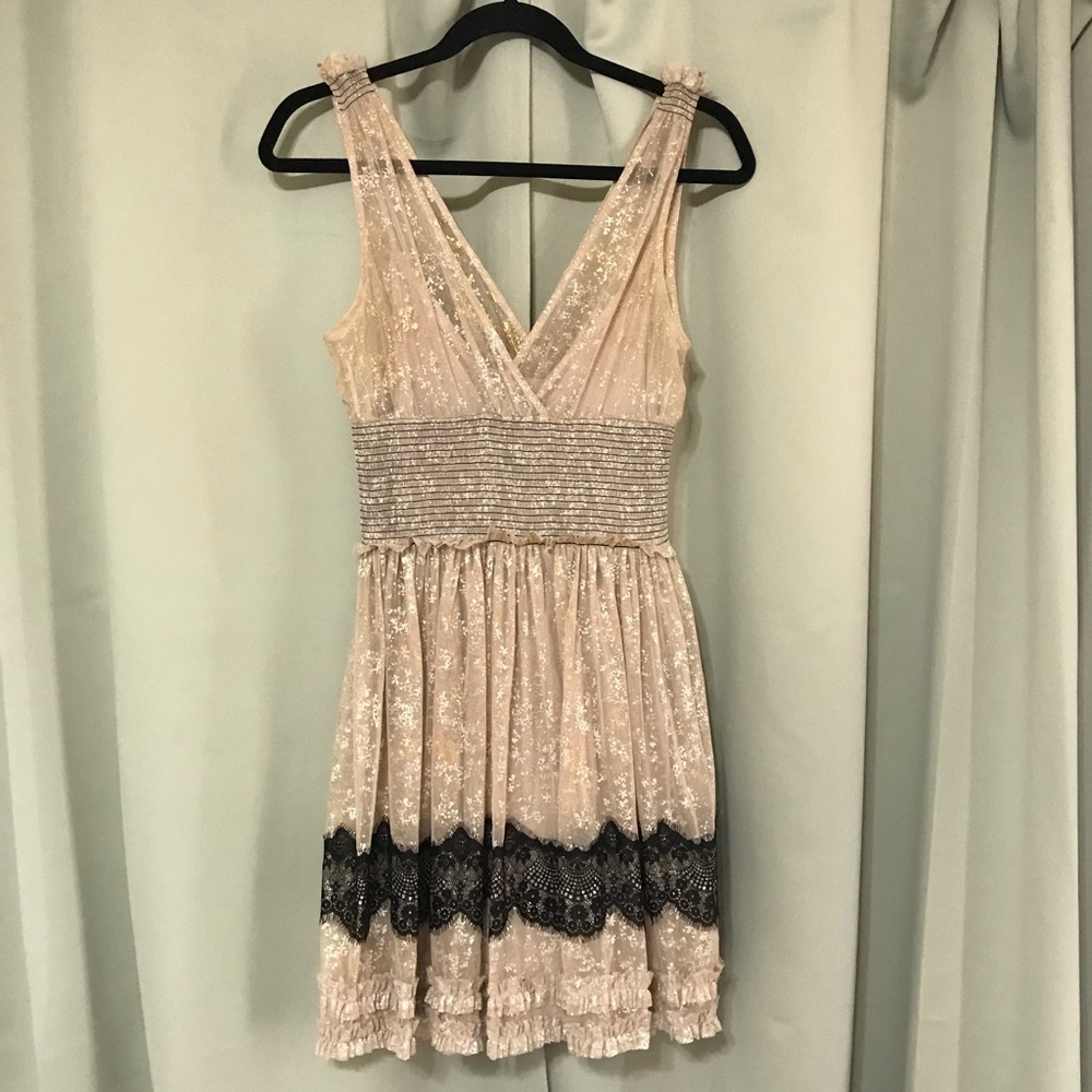 Free People Champagne & Gold Glitter Sheer Lace Dress